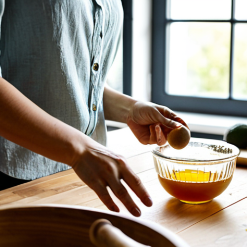 Home 4 A woman preparing natural, homemade cosmetic products. She wears a simple, modest linen blouse, fully clothed, appropriate attire. She is in a bright, clean kitchen, with natural light streaming through a window. On a wooden countertop, there are glass bowls, fresh ingredients like avocado, honey, various natural oils in amber bottles, and a mortar and pestle. The setting is tidy and serene. She is gently stirring a mixture in a glass bowl, with well-formed hands visible, in a natural pose, focused on her task. Professional studio photography, soft natural lighting, shallow depth of field, high resolution, perfect anatomy, correct proportions, proper finger count, natural body proportions, safe for work, appropriate content, fully clothed, modest.