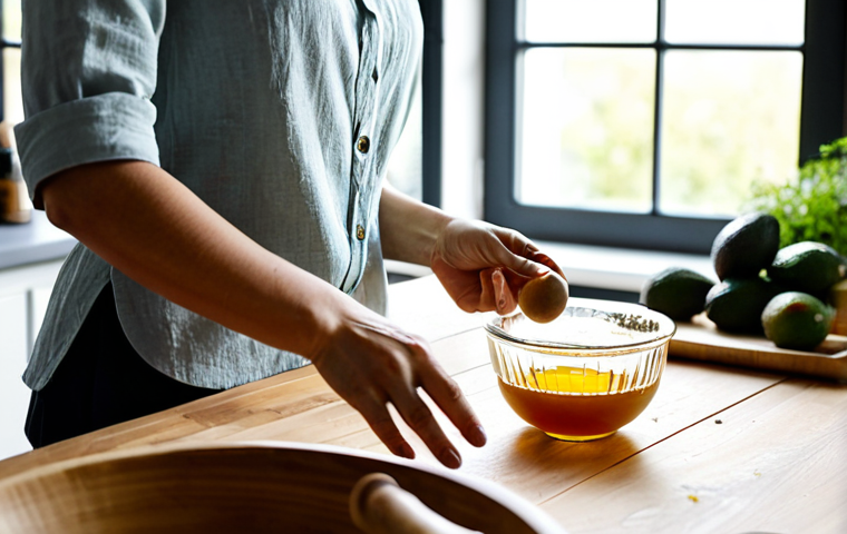 A woman preparing natural, homemade cosmetic products. She wears a simple, modest linen blouse, fully clothed, appropriate attire. She is in a bright, clean kitchen, with natural light streaming through a window. On a wooden countertop, there are glass bowls, fresh ingredients like avocado, honey, various natural oils in amber bottles, and a mortar and pestle. The setting is tidy and serene. She is gently stirring a mixture in a glass bowl, with well-formed hands visible, in a natural pose, focused on her task. Professional studio photography, soft natural lighting, shallow depth of field, high resolution, perfect anatomy, correct proportions, proper finger count, natural body proportions, safe for work, appropriate content, fully clothed, modest.