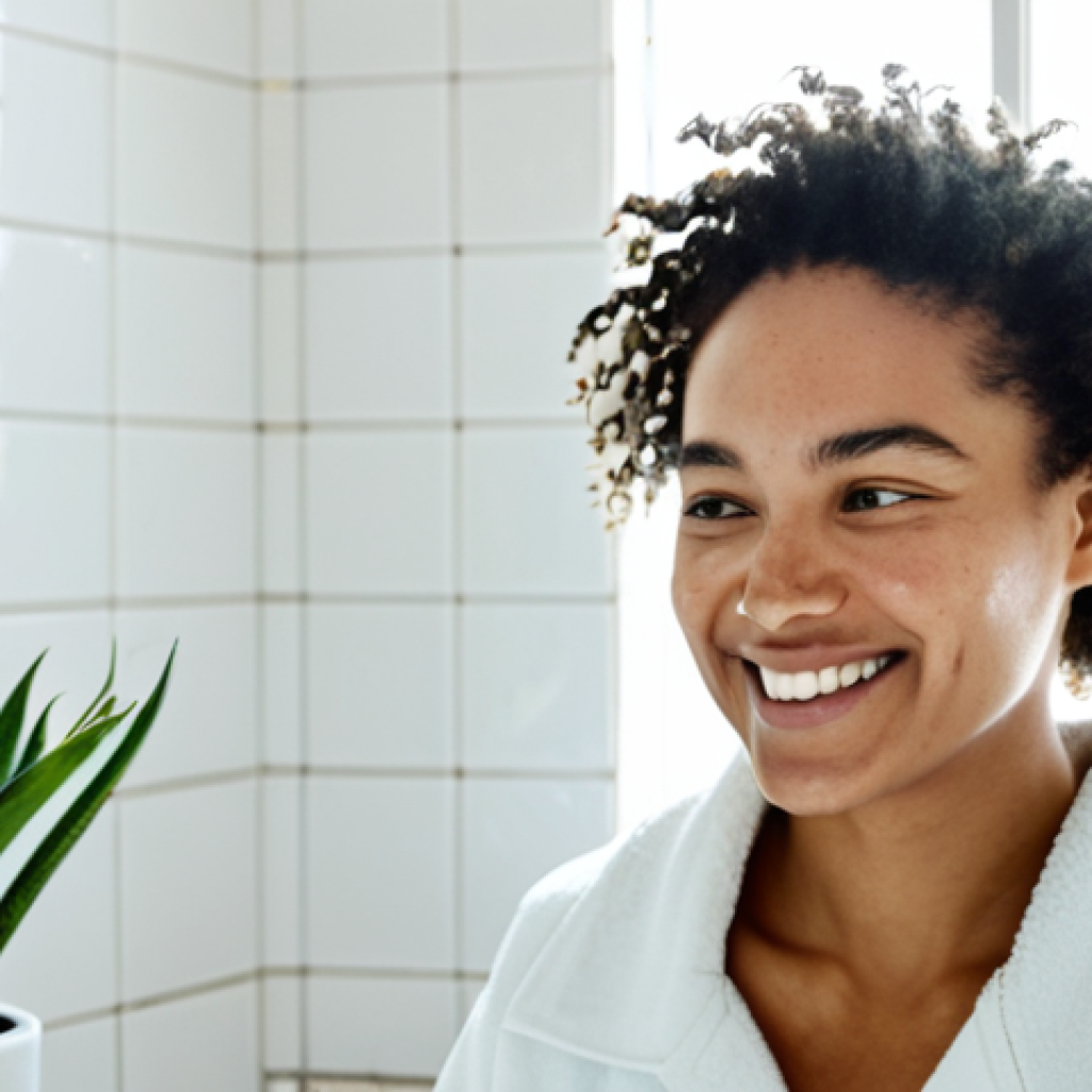 Morning Skincare Ritual**
Prompt: A woman in a bright, sunlit bathroom, applying a natural facial cleanser. She is smiling slightly, looking fresh and healthy. Focus on natural light and a clean, minimalist aesthetic. The bathroom has white tiles and green plants. fully clothed, modest clothing, safe for work, appropriate content, perfect anatomy, natural proportions, professional photography, high quality.
**