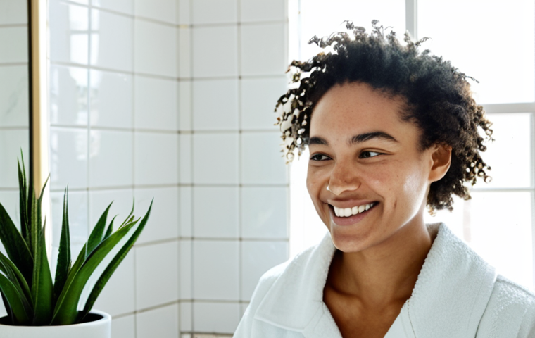 Morning Skincare Ritual**

Prompt: A woman in a bright, sunlit bathroom, applying a natural facial cleanser. She is smiling slightly, looking fresh and healthy. Focus on natural light and a clean, minimalist aesthetic. The bathroom has white tiles and green plants. fully clothed, modest clothing, safe for work, appropriate content, perfect anatomy, natural proportions, professional photography, high quality.

**