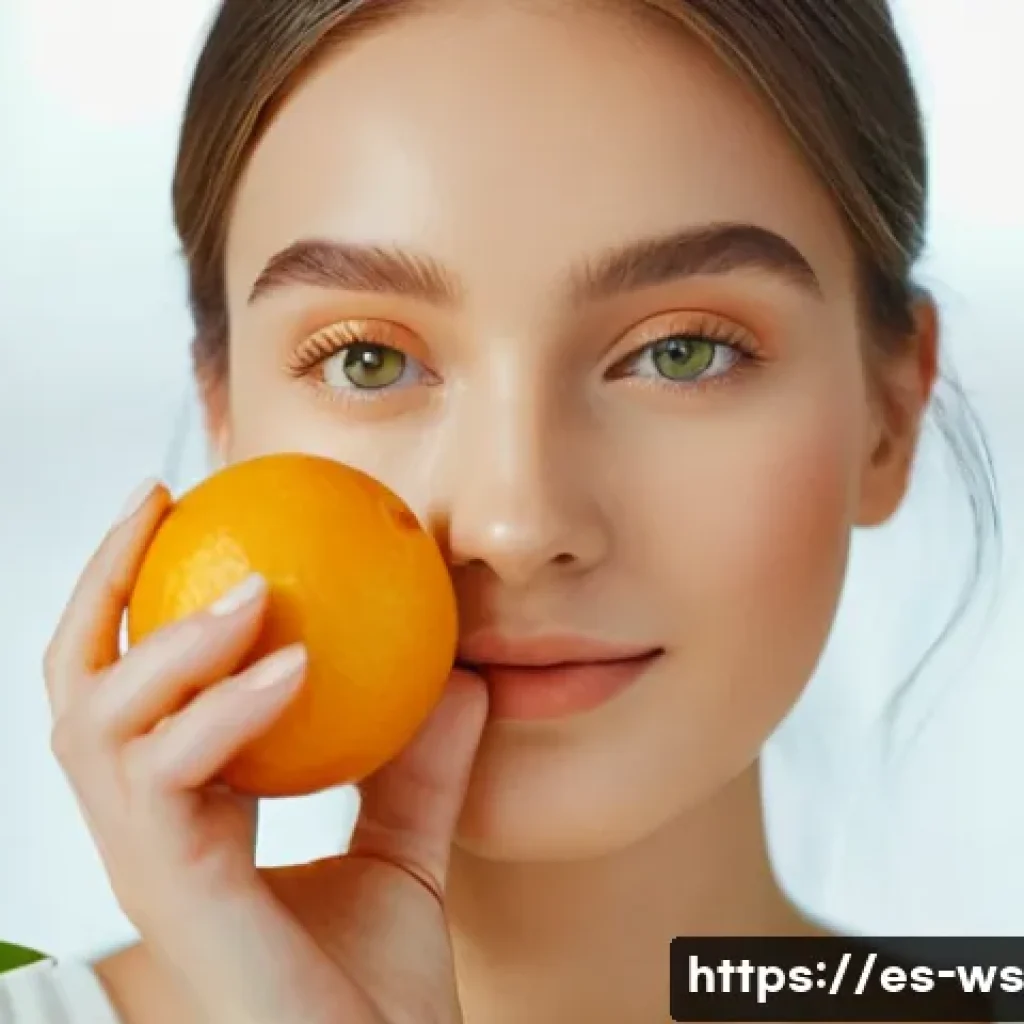천연 스킨케어와 피부 노화 - A close-up portrait of a young woman with glowing, radiant skin applying a natural vitamin C serum m...