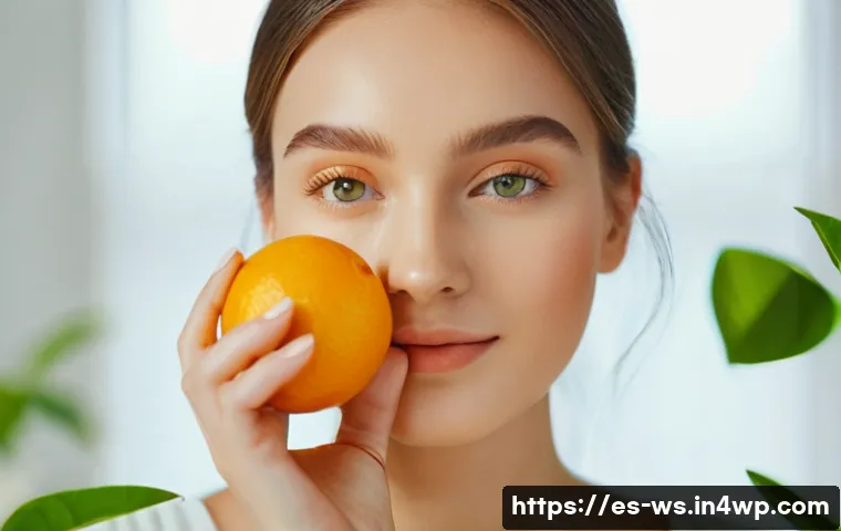 천연 스킨케어와 피부 노화 - A close-up portrait of a young woman with glowing, radiant skin applying a natural vitamin C serum m...