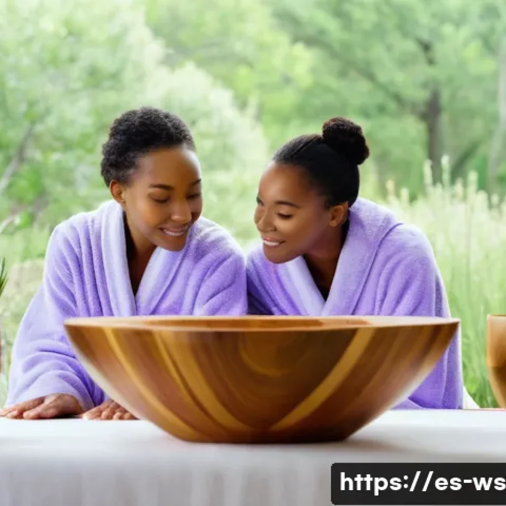 아로마 오일을 활용한 천연 스킨케어 - A serene spa setting featuring a diverse group of adults with healthy, glowing skin, each person gen...