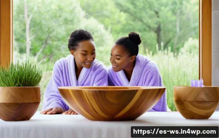 아로마 오일을 활용한 천연 스킨케어 - A serene spa setting featuring a diverse group of adults with healthy, glowing skin, each person gen...