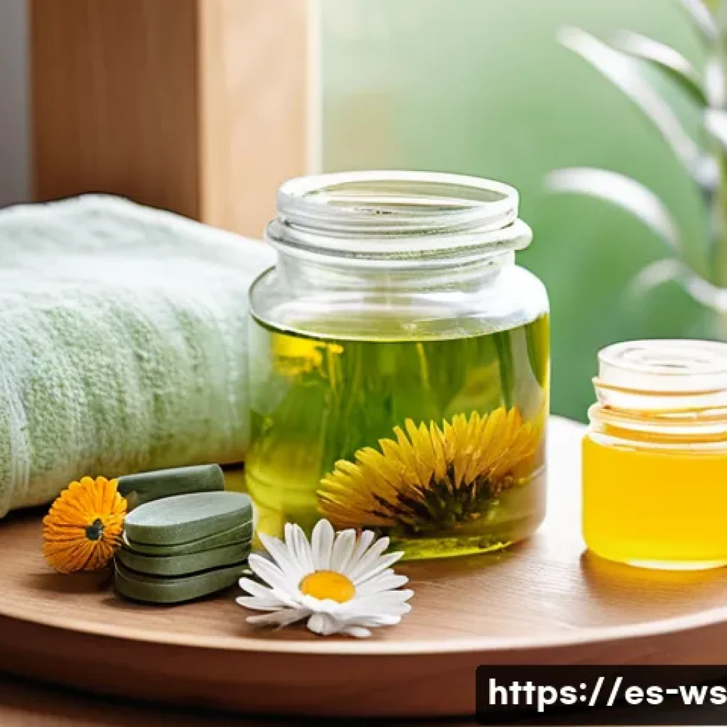 천연 스킨케어를 위한 허브 활용법 - A serene spa scene featuring natural herbal skincare products arranged on a wooden table, including ...