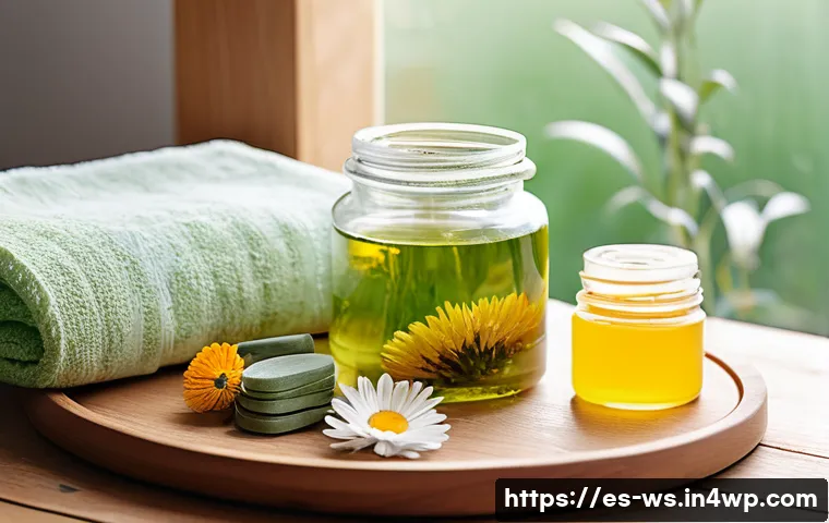 천연 스킨케어를 위한 허브 활용법 - A serene spa scene featuring natural herbal skincare products arranged on a wooden table, including ...