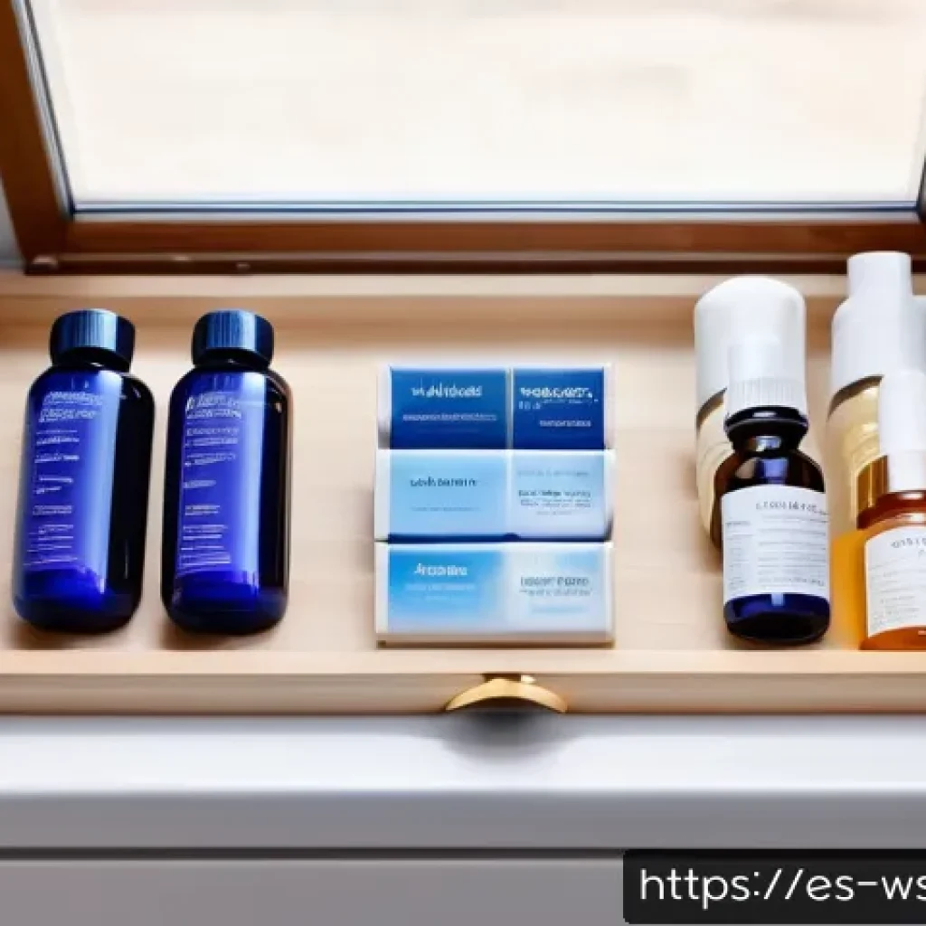 천연 스킨케어 제품의 보관 방법 - A cozy, softly lit bedroom drawer neatly organized with various natural skincare products in amber a...