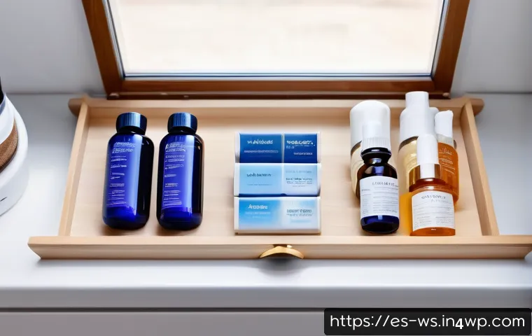 천연 스킨케어 제품의 보관 방법 - A cozy, softly lit bedroom drawer neatly organized with various natural skincare products in amber a...
