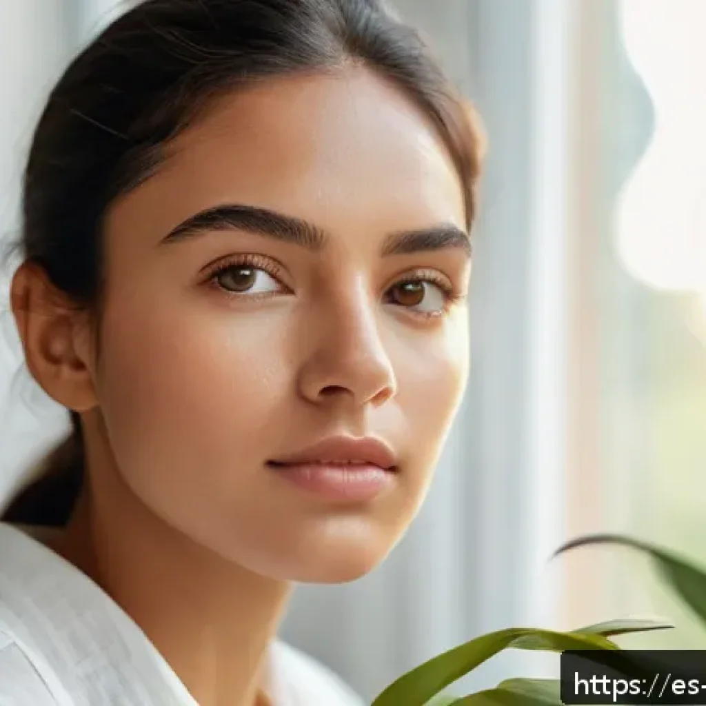 천연 스킨케어의 성과 측정 방법 - A close-up portrait of a young Hispanic woman examining her smooth, glowing facial skin in natural d...