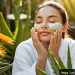 Home 22 천연 스킨케어의 역사와 발전 - A serene spa scene featuring a woman with healthy, glowing skin gently applying natural aloe vera ge...