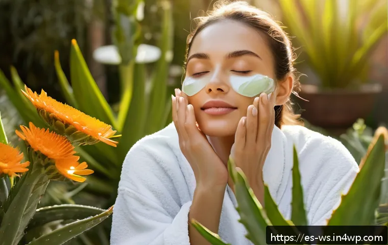 천연 스킨케어의 역사와 발전 - A serene spa scene featuring a woman with healthy, glowing skin gently applying natural aloe vera ge...
