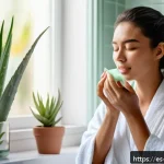 Home 21 천연 스킨케어로 염증 완화하기 - A serene close-up of a woman with sensitive, inflamed skin gently applying a fresh aloe vera gel mas...