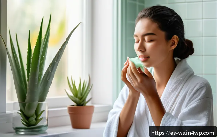 천연 스킨케어로 염증 완화하기 - A serene close-up of a woman with sensitive, inflamed skin gently applying a fresh aloe vera gel mas...
