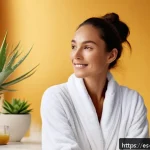 Home 20 천연 스킨케어와 피부 미용의 진화 - A serene spa scene featuring a woman with glowing, healthy skin applying organic skincare cream in a...