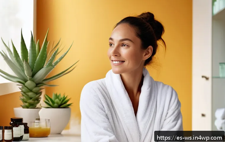 천연 스킨케어와 피부 미용의 진화 - A serene spa scene featuring a woman with glowing, healthy skin applying organic skincare cream in a...