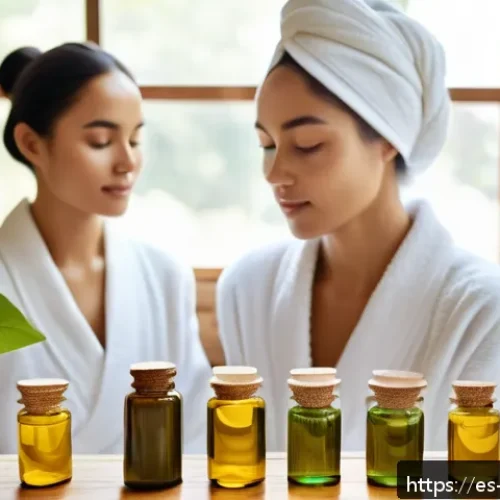 Home 31 피부 타입별 천연 스킨케어 방법 - A serene spa scene featuring a diverse group of women with different skin types—dry, oily, sensitive...