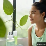 Home 18 천연 스킨케어에서의 식물 추출물 역할 - A serene skincare scene featuring a young Hispanic woman with smooth, radiant skin applying a green ...