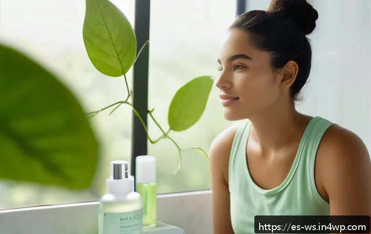 천연 스킨케어에서의 식물 추출물 역할 - A serene skincare scene featuring a young Hispanic woman with smooth, radiant skin applying a green ...