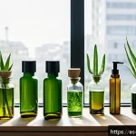 Home 23 천연 스킨케어의 과학 피부에 미치는 영향 - A serene, eco-friendly skincare laboratory scene showcasing natural botanical extracts like aloe ver...