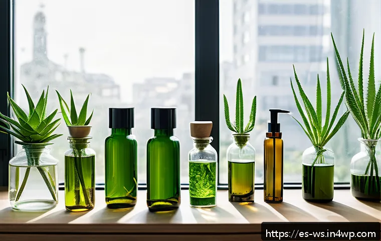 천연 스킨케어의 과학  피부에 미치는 영향 - A serene, eco-friendly skincare laboratory scene showcasing natural botanical extracts like aloe ver...