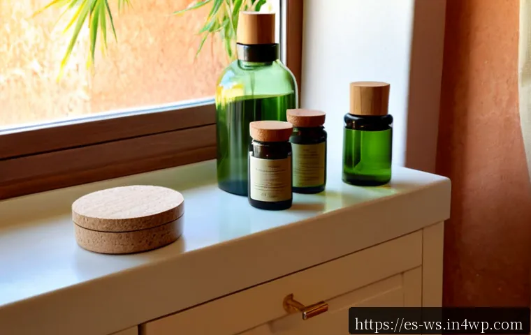 Home 17 천연 스킨케어의 패키징 혁신 - Photorealistic eco-conscious natural skincare packaging display on a sunlit Spanish Mediterranean ba...